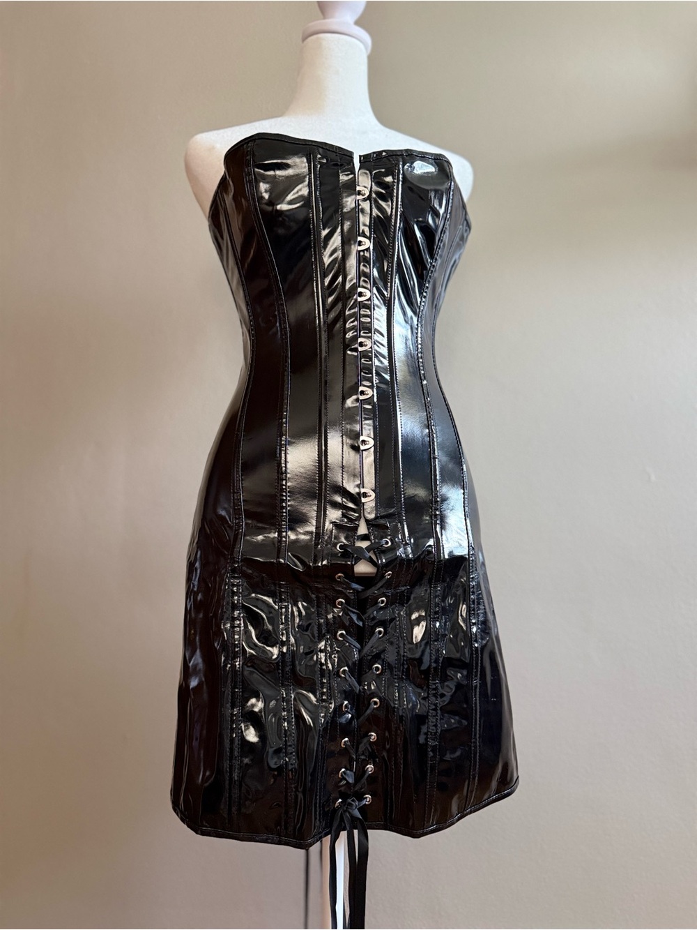 Black Patent Faux Latex Strapless Corset Dress